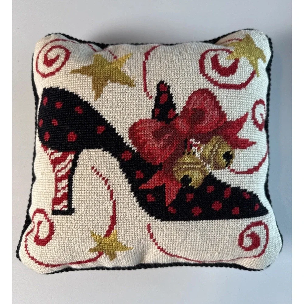 Stephanie Stouffer Needlepoint Christmas Shoe with Bow Pillow  11 X 11 Inches